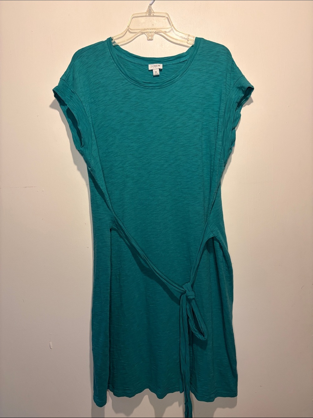 J. Crew 100% Cotton Teal Blue Green Belted T Shirt Dress Relaxed Fit Coastal XL